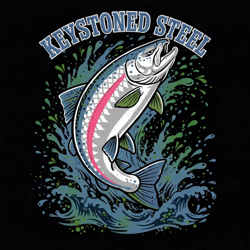 Keystoned Steel Chrome Leap embroidered patch — chrome steelhead leaping over green water