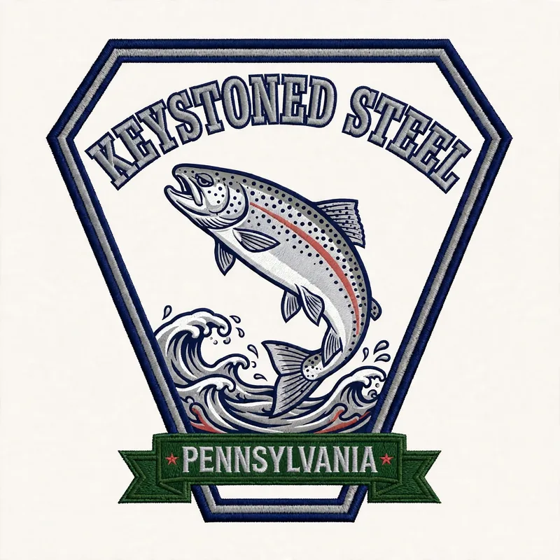 Keystoned Steel Flagship Emblem embroidered patch — keystone shield with a leaping steelhead and green Pennsylvania ribbon