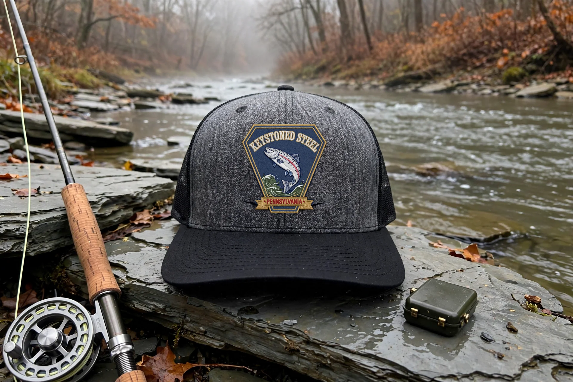Keystoned Steel Richardson 112 hat with the emblem patch sewn on front, on a shale slab beside an Erie steelhead creek