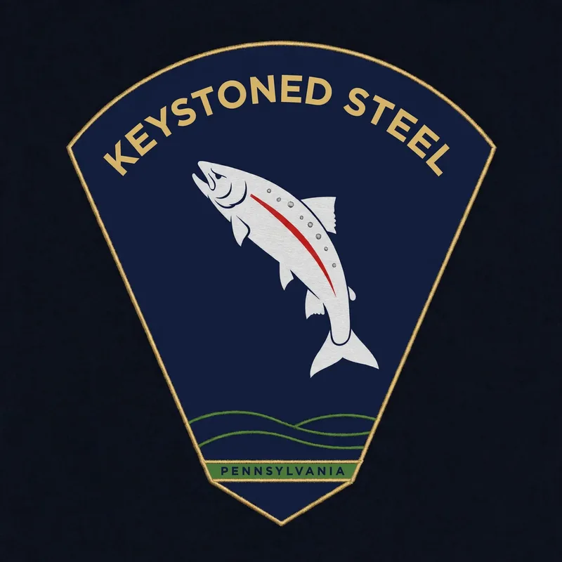 Keystoned Steel Minimal embroidered patch — clean silhouette steelhead mark with green wave lines