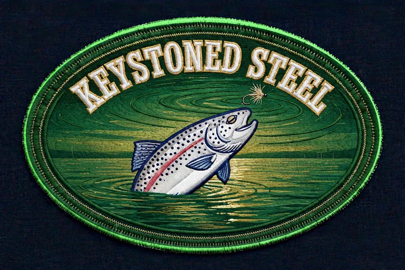 Keystoned Steel Oval Dry Fly embroidered patch — oval patch with a steelhead rising to a dry fly on green water