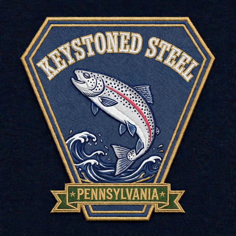 Keystoned Steel Refined embroidered patch — classic badge with a green banner