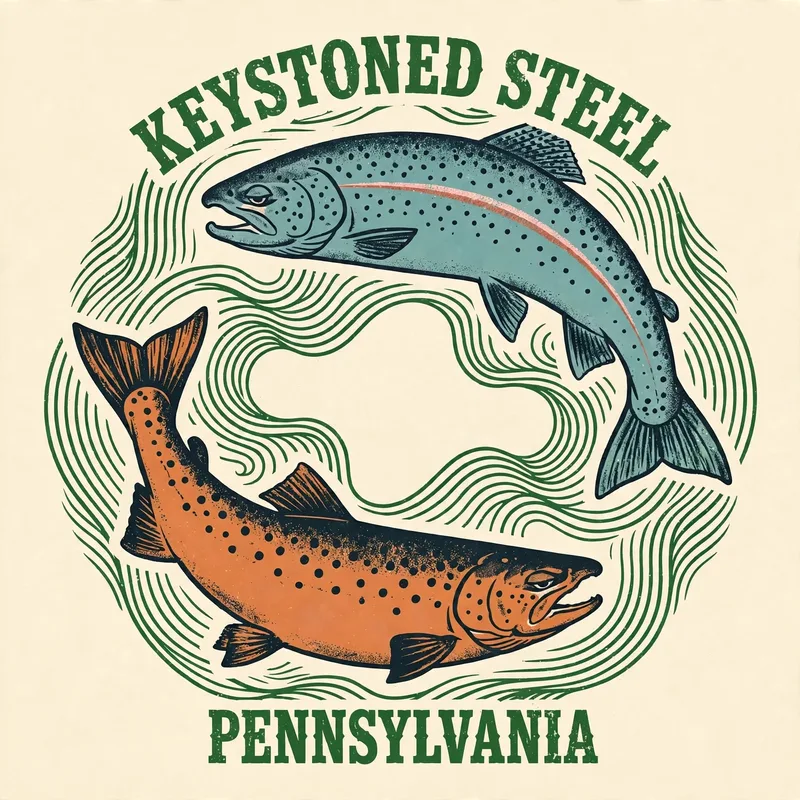 Keystoned Steel River Pair embroidered patch — two steelhead over green river lines in a round badge