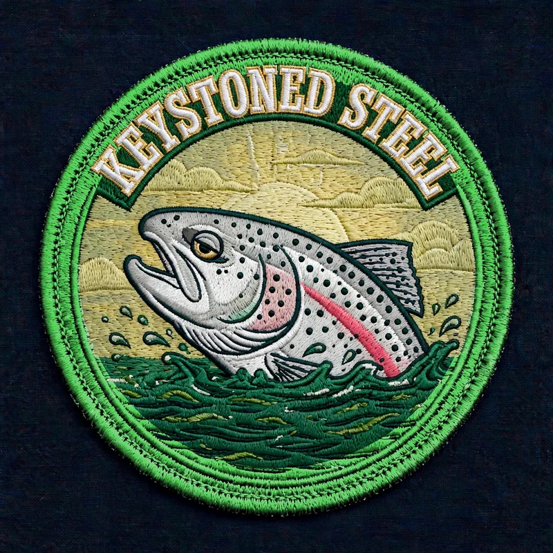 Keystoned Steel Round Badge embroidered patch — round green-ring badge with a half-lidded steelhead rising from green water