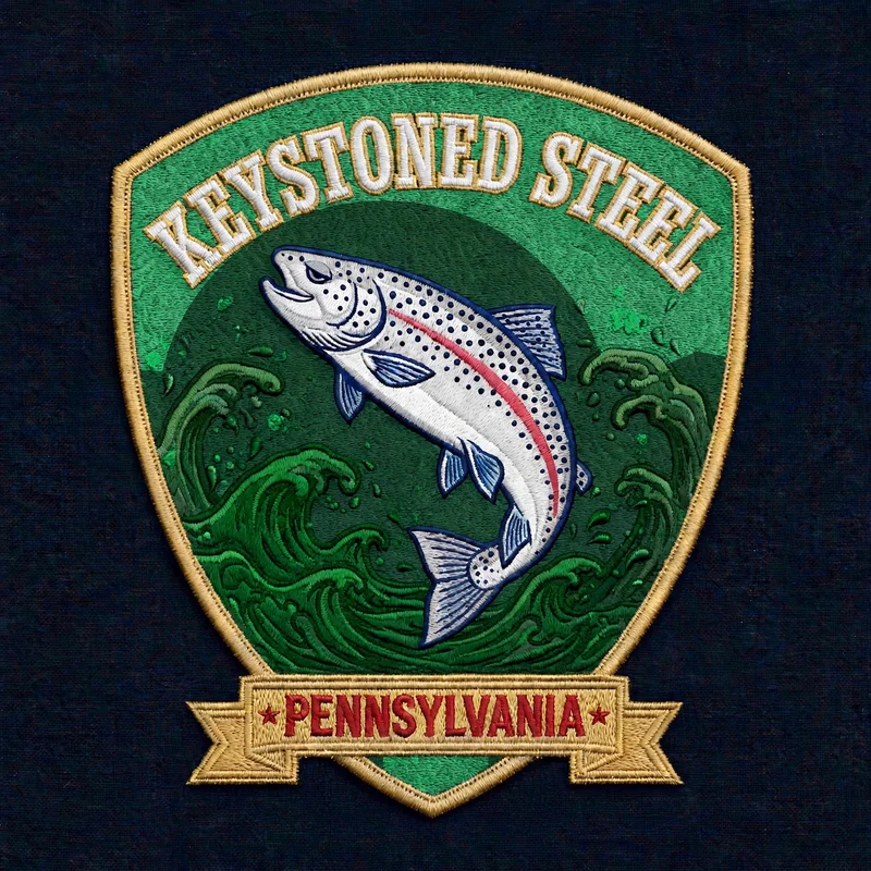 Keystoned Steel Shield Crest embroidered patch — emerald shield with a leaping steelhead over green waves and a Pennsylvania banner