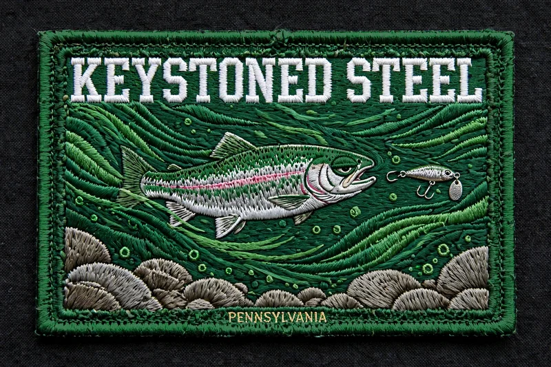Keystoned Steel Underwater Scene embroidered patch — rectangular patch with a steelhead underwater in green current eyeing a spinner lure